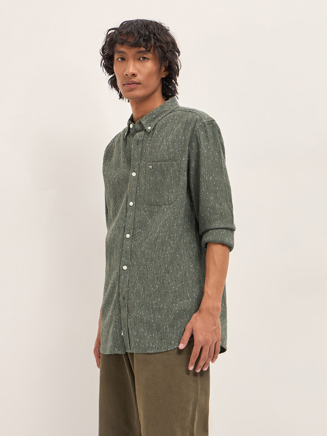 Men Green Woven Pattern Cotton Blend Slim Fit Casual Shirt