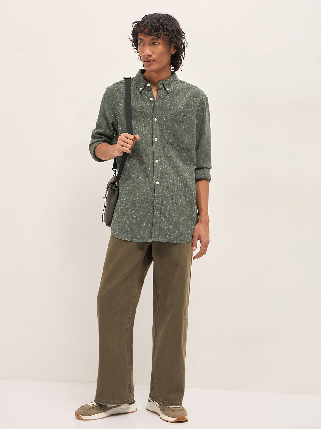 Men Green Woven Pattern Cotton Blend Slim Fit Casual Shirt