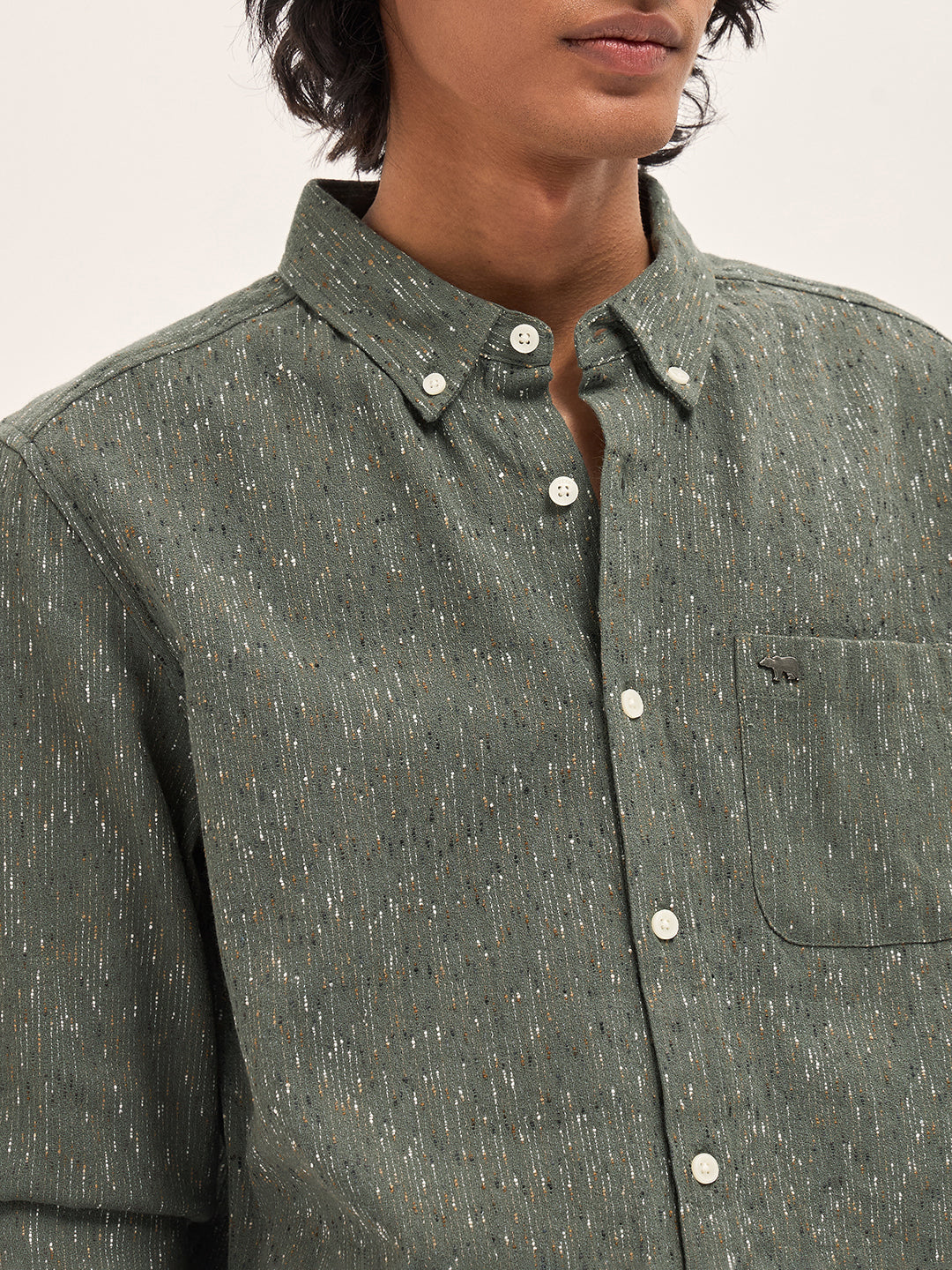 Men Green Woven Pattern Cotton Blend Slim Fit Casual Shirt
