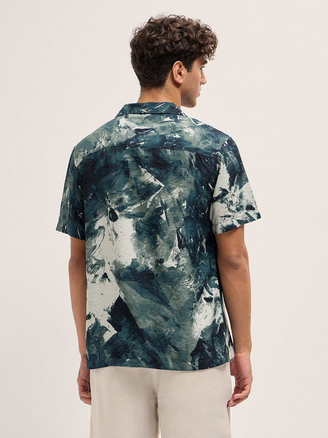 Men Teal Abstract Digital Print Relaxed Fit Cuban Collar Shirt