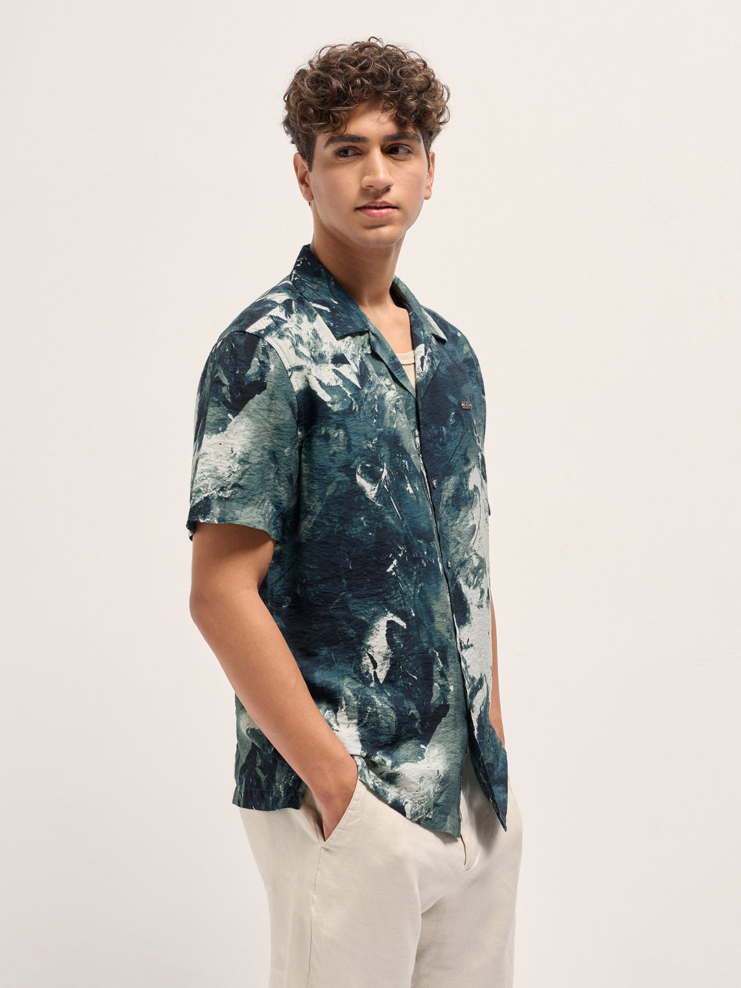 Men Teal Abstract Digital Print Relaxed Fit Cuban Collar Shirt