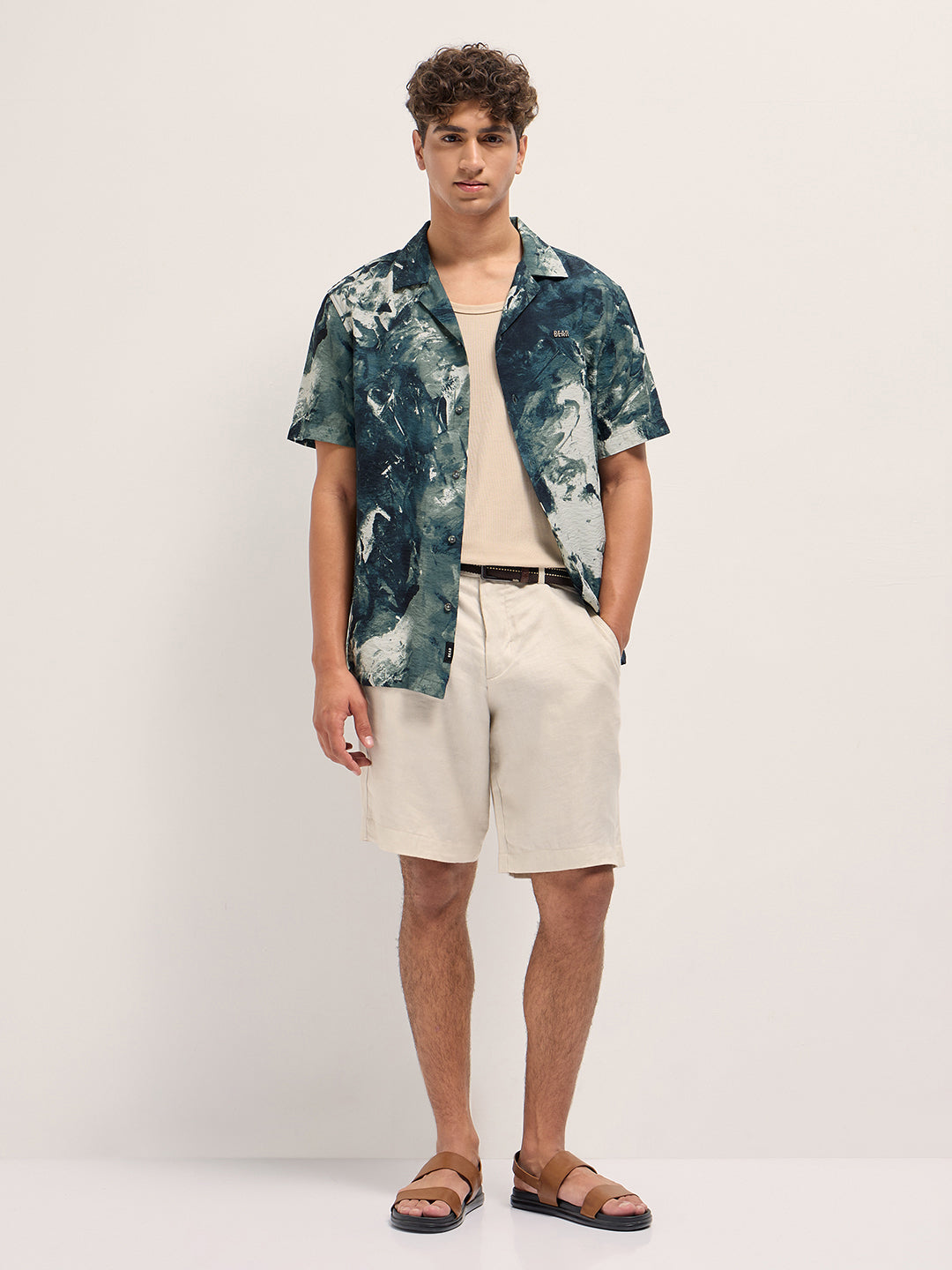 Men Teal Abstract Digital Print Relaxed Fit Cuban Collar Shirt