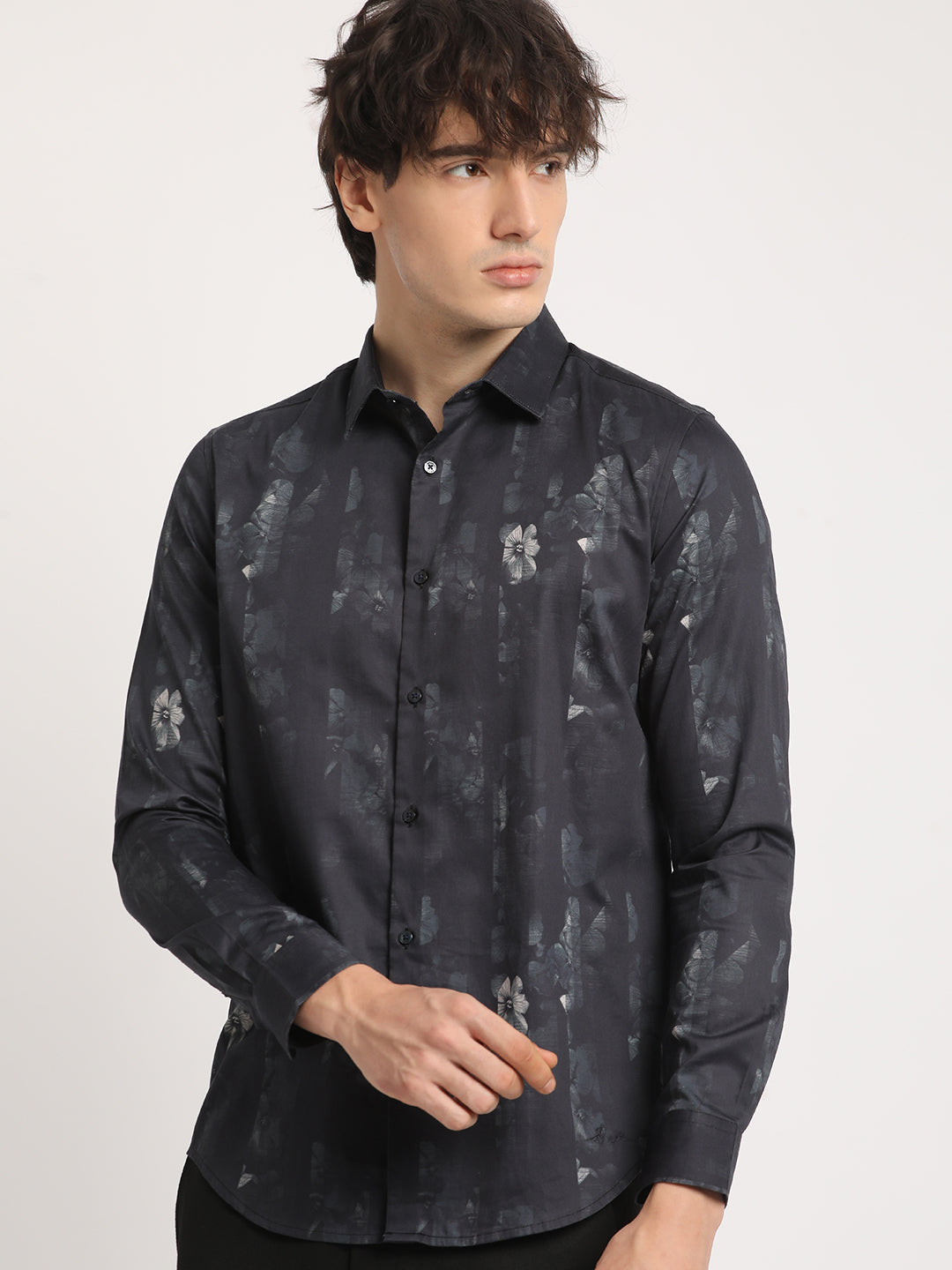 Men Black Printed Slim Fit Cotton Casual Shirt
