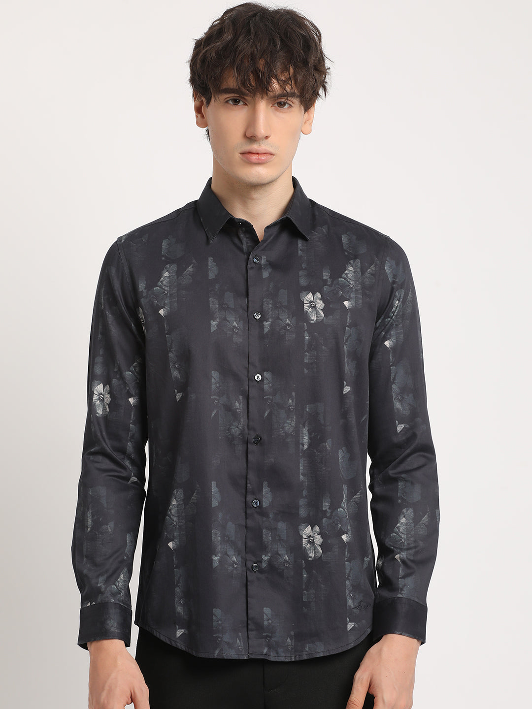 Men Black Printed Slim Fit Cotton Casual Shirt
