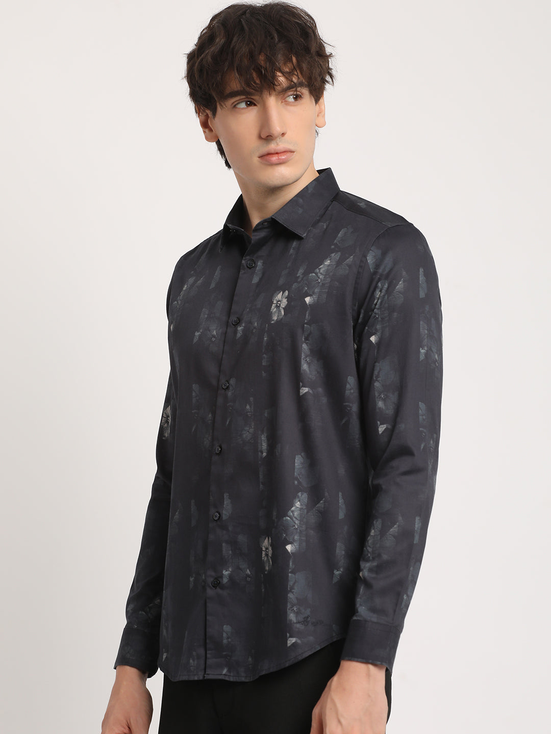 Men Black Printed Slim Fit Cotton Casual Shirt