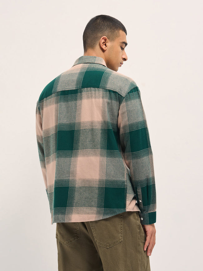 Men Green Checked Flannel Cotton Relaxed Fit Overshirt
