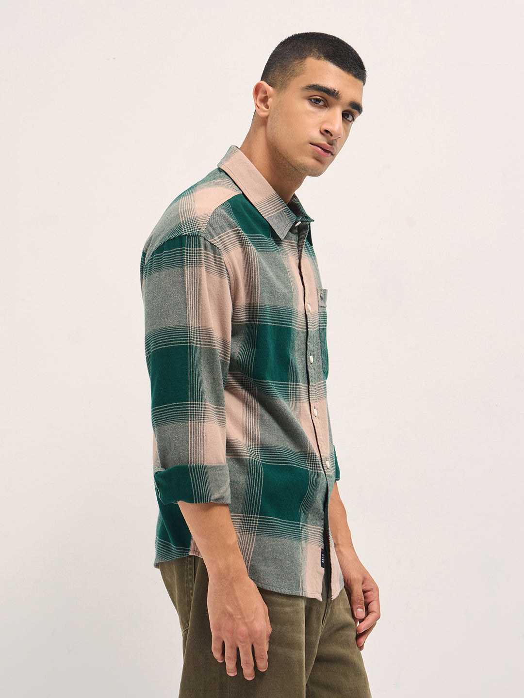 Men Green Checked Flannel Cotton Relaxed Fit Overshirt