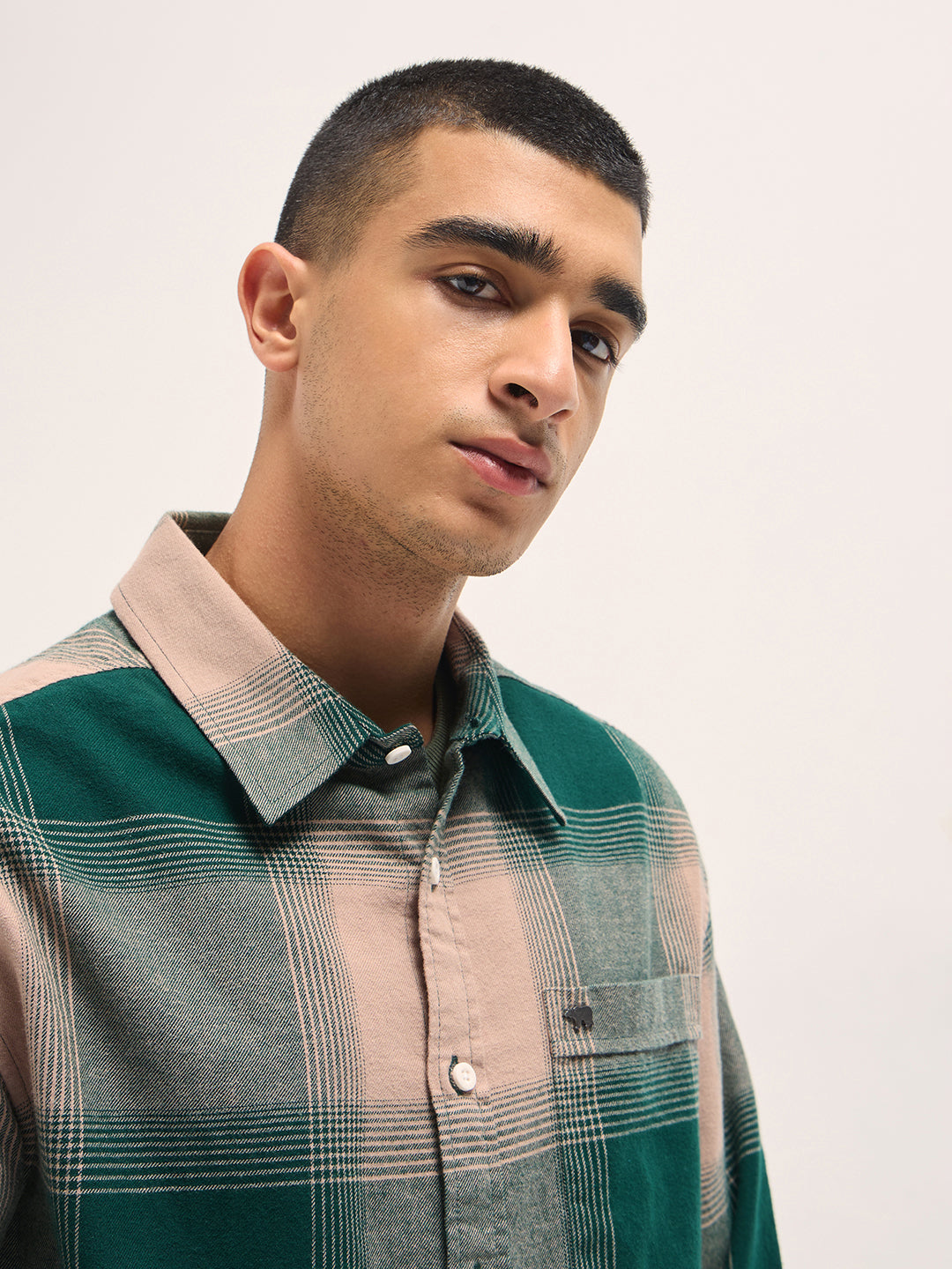 Men Green Checked Flannel Cotton Relaxed Fit Overshirt