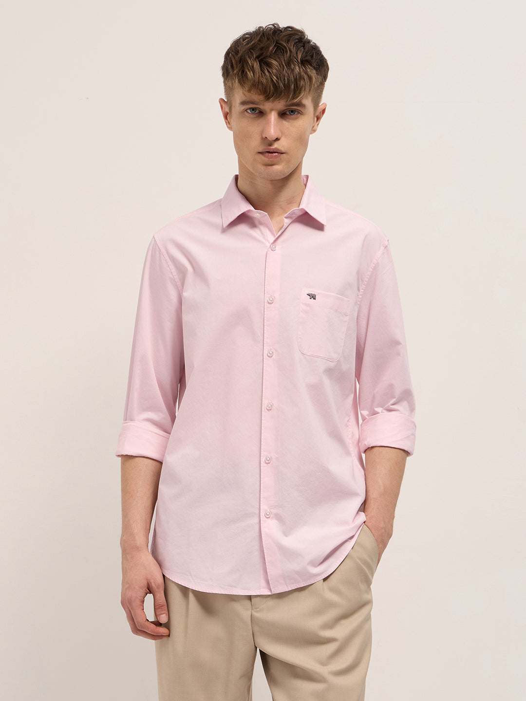 Men Pink Cotton Solid Slim Fit Casual Shirt