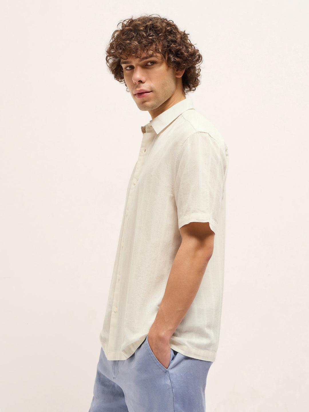 Men White Vertical Stripes Relax Fit Casual shirt