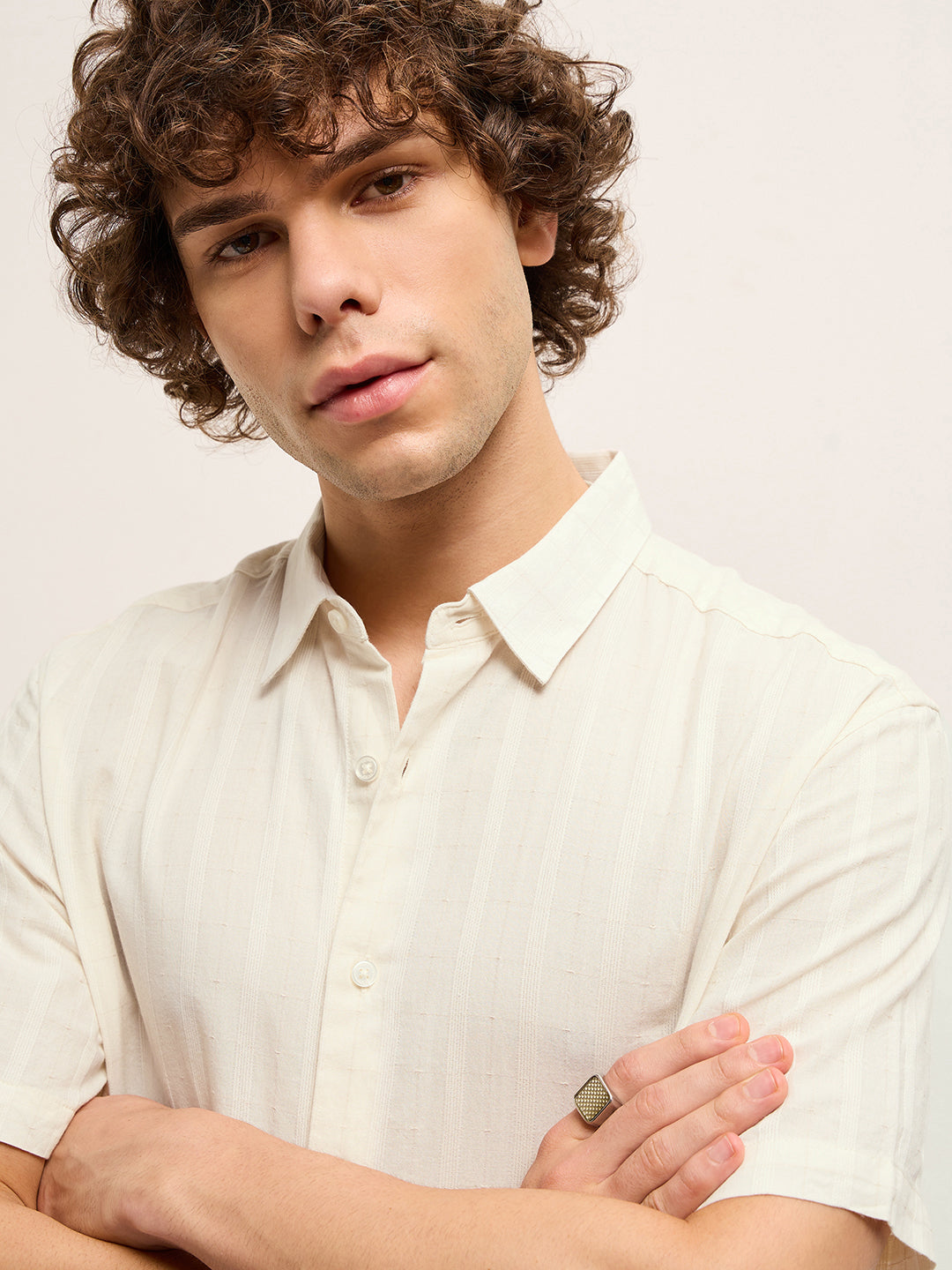 Men White Vertical Stripes Relax Fit Casual shirt