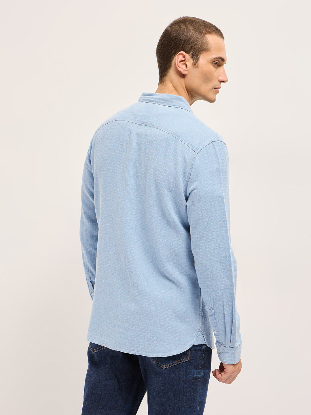 Men Light Blue Woven Self-Design Denim Cotton Slim Fit Casual Shirt