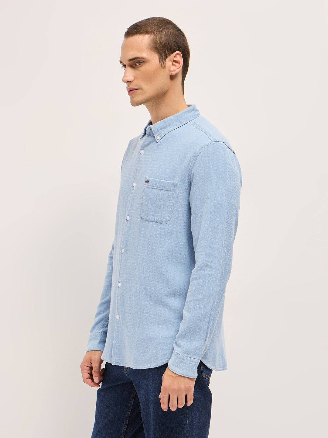 Men Light Blue Woven Self-Design Denim Cotton Slim Fit Casual Shirt