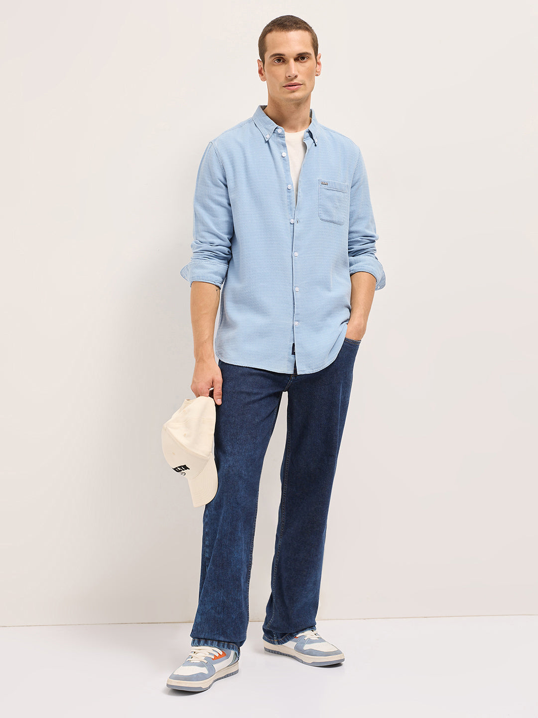 Men Light Blue Woven Self-Design Denim Cotton Slim Fit Casual Shirt