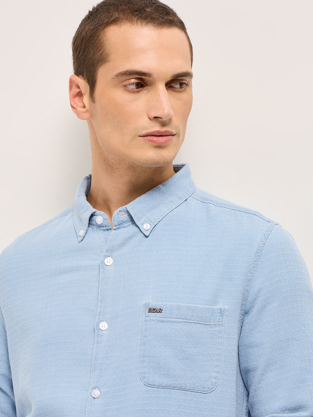 Men Light Blue Woven Self-Design Denim Cotton Slim Fit Casual Shirt