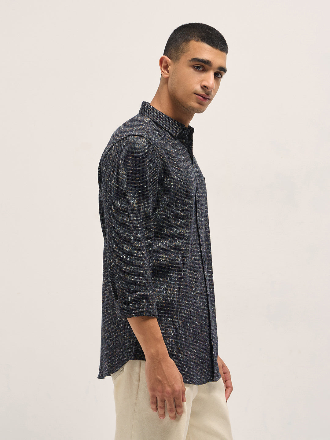 Men Black Woven Design Cotton Blend Slim Fit Casual Shirt