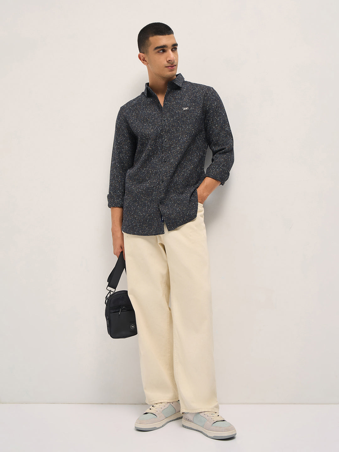 Men Black Woven Design Cotton Blend Slim Fit Casual Shirt
