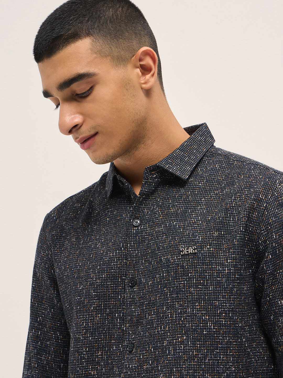 Men Black Woven Design Cotton Blend Slim Fit Casual Shirt