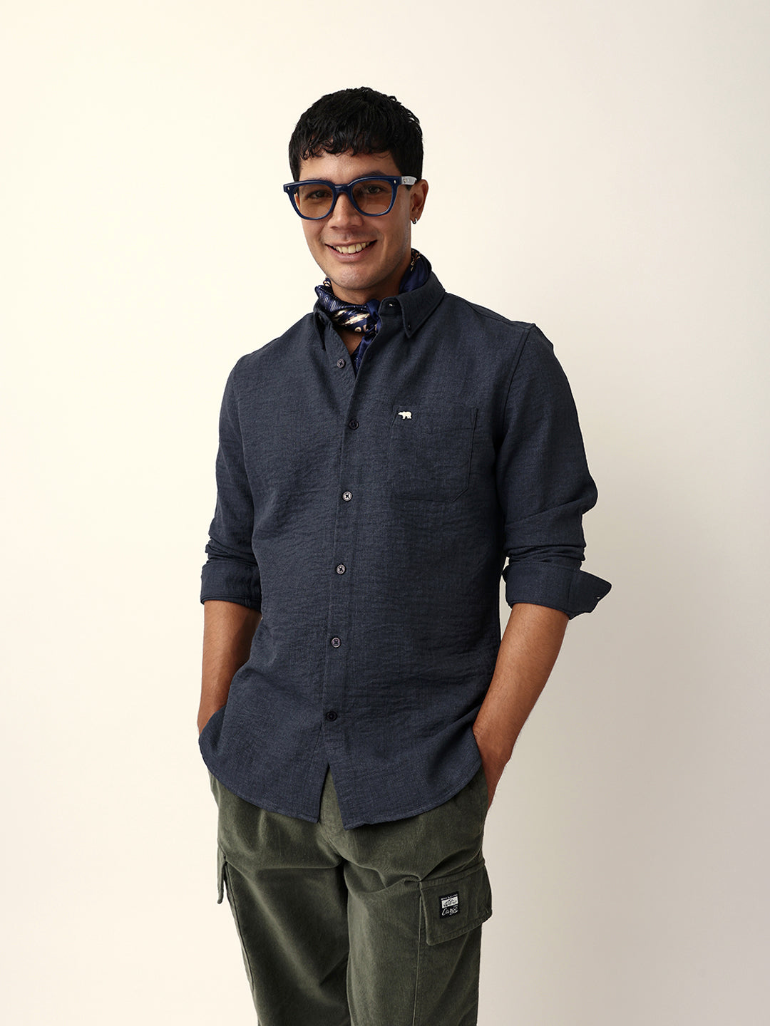 Men Grey Polyester Textured Shirt