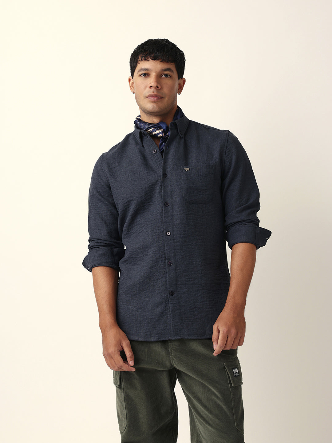 Men Grey Polyester Textured Shirt