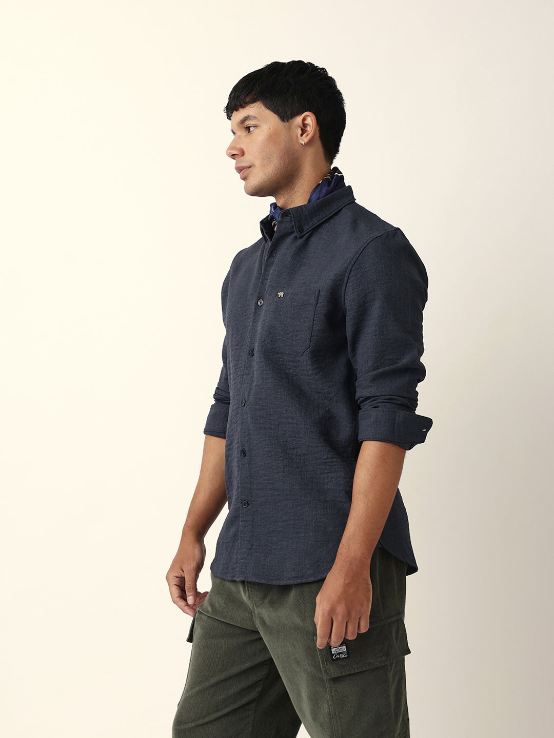 Men Grey Polyester Textured Shirt
