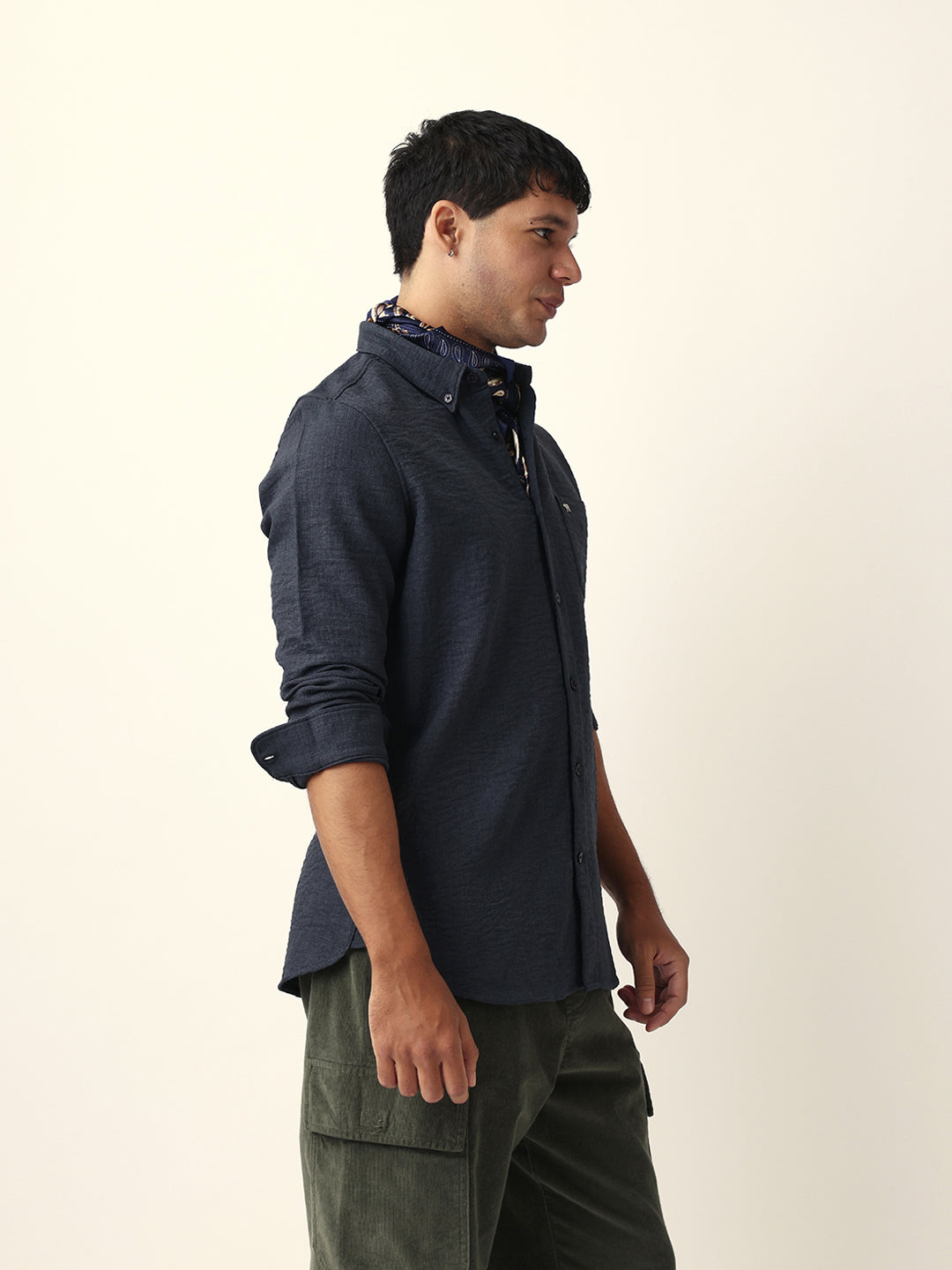 Men Grey Polyester Textured Shirt
