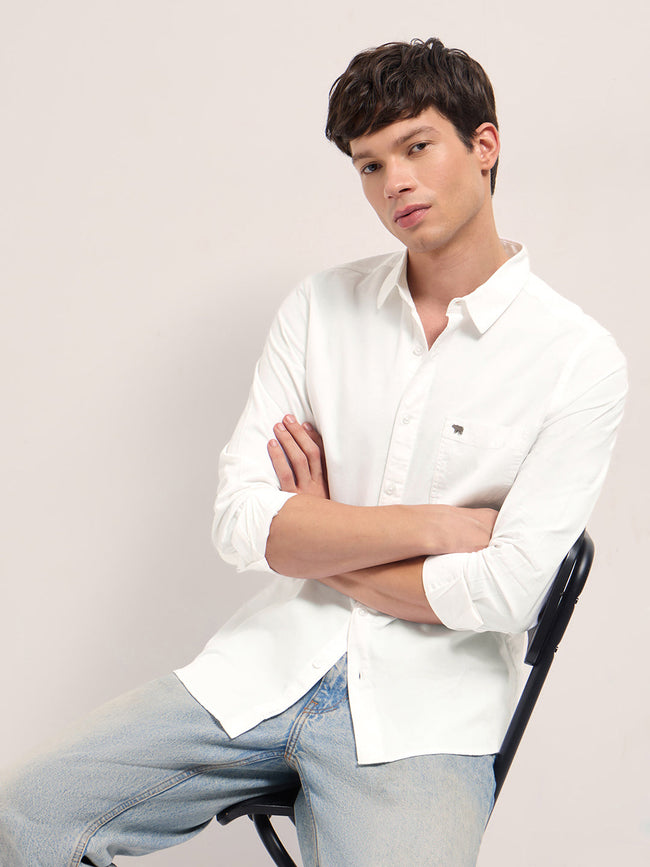 Men White Cotton Solid Slim Fit Casual Shirt