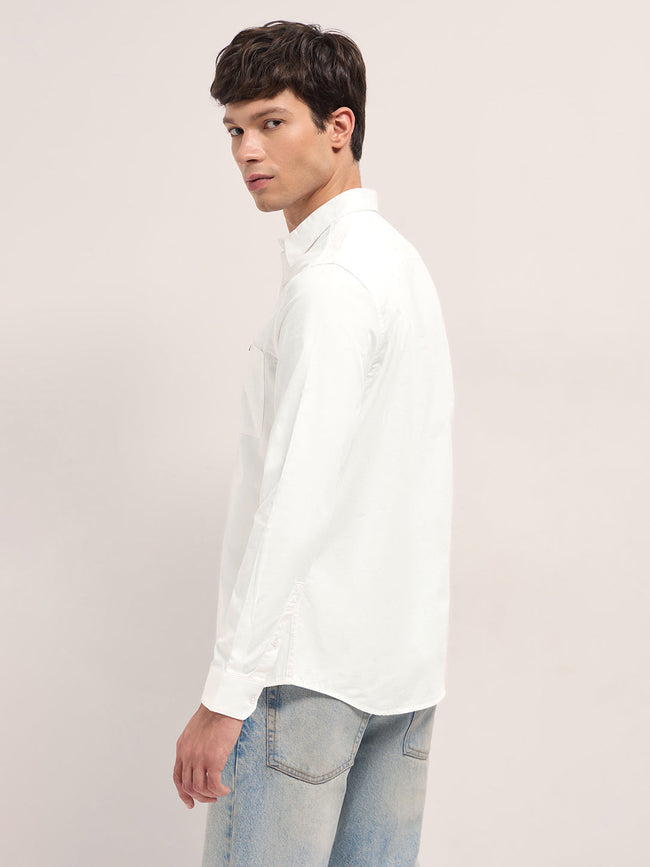 Men White Cotton Solid Slim Fit Casual Shirt