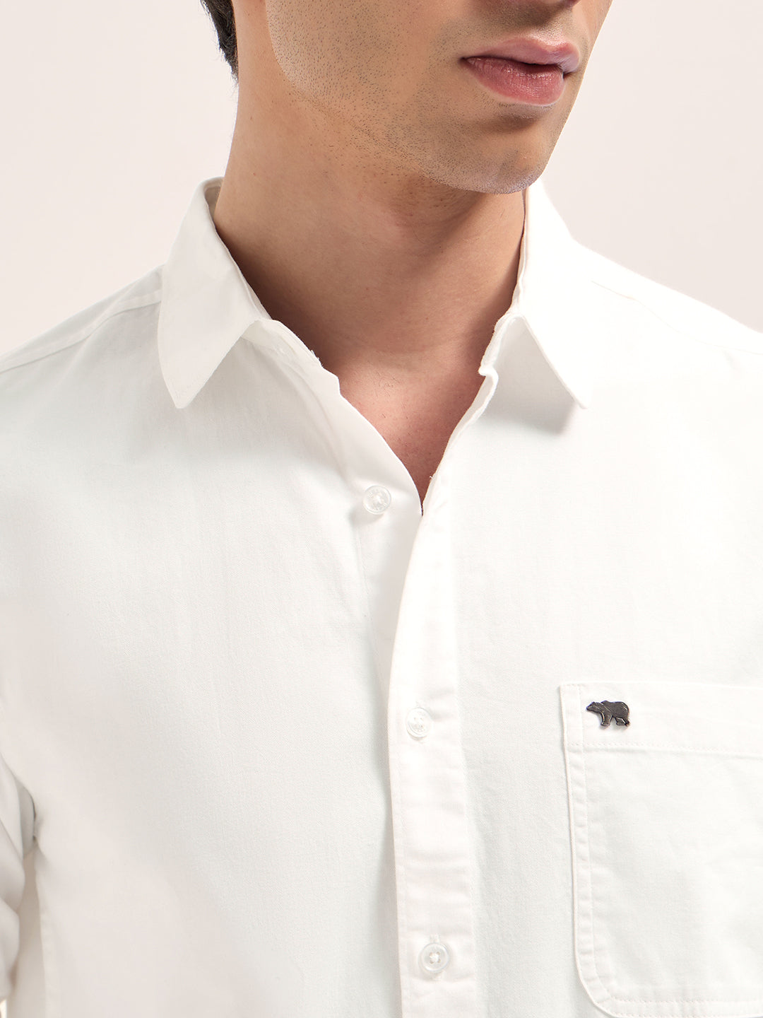 Men White Cotton Solid Slim Fit Casual Shirt