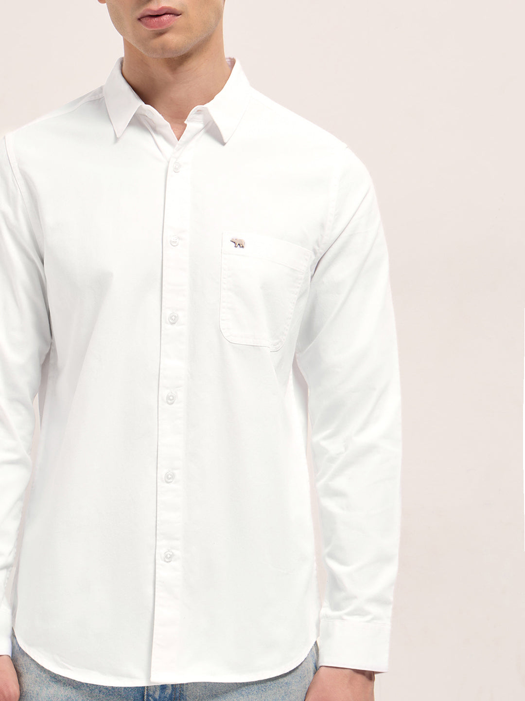 Men White Cotton Solid Slim Fit Casual Shirt