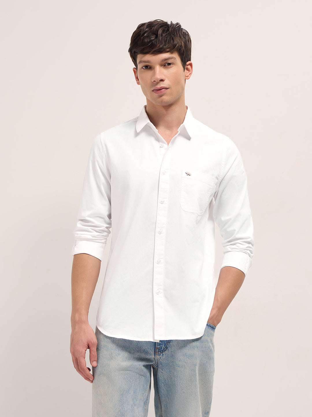 Men White Cotton Solid Slim Fit Casual Shirt