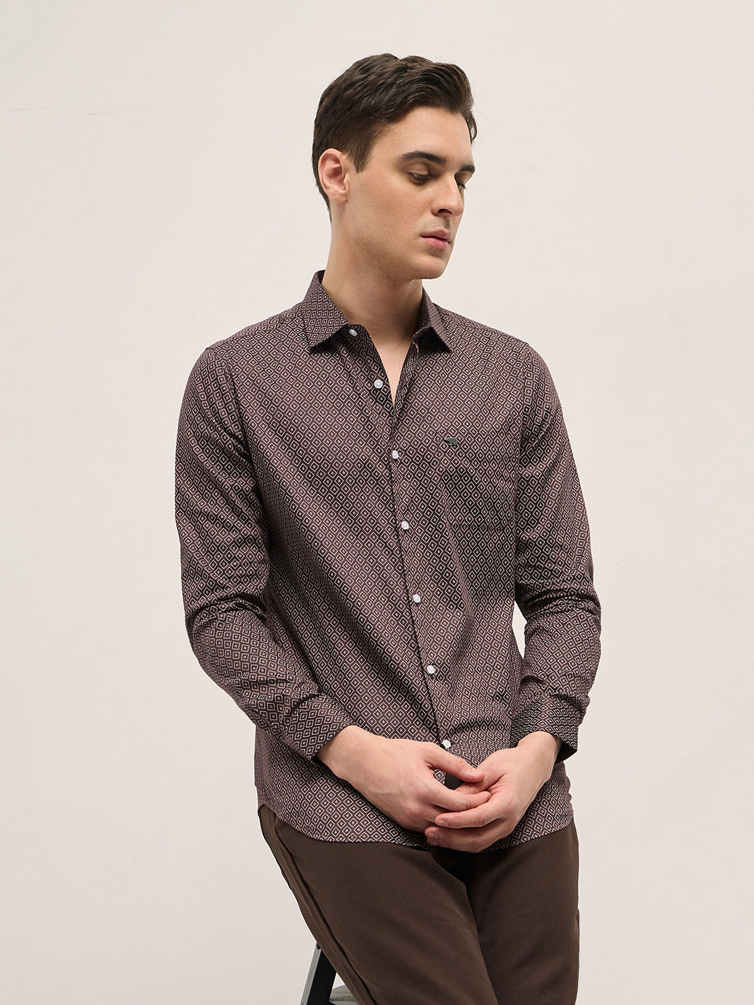 Men Maroon Geometric Printed Tailored Fit Formal Shirt