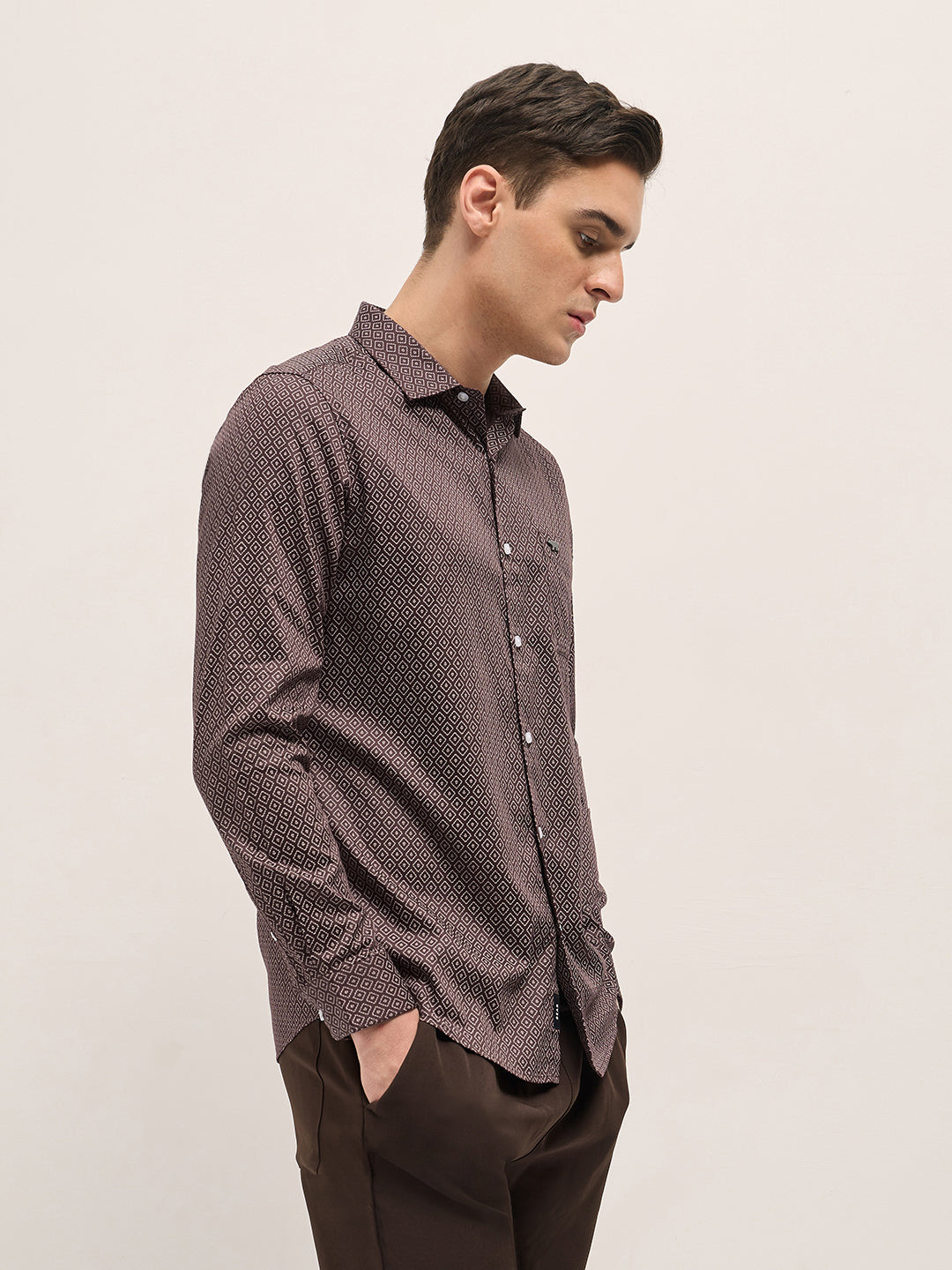 Men Maroon Geometric Printed Tailored Fit Formal Shirt