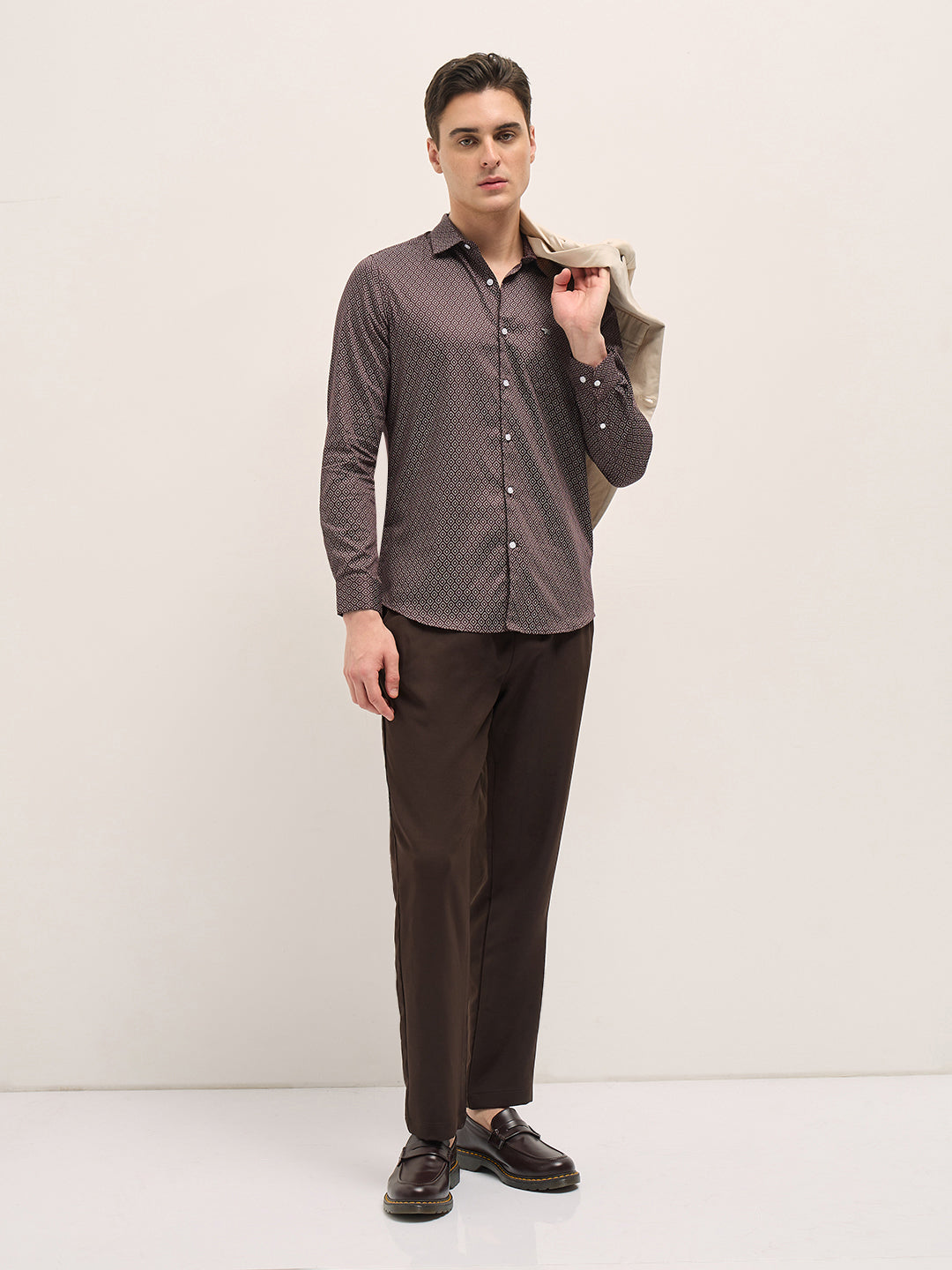 Men Maroon Geometric Printed Tailored Fit Formal Shirt