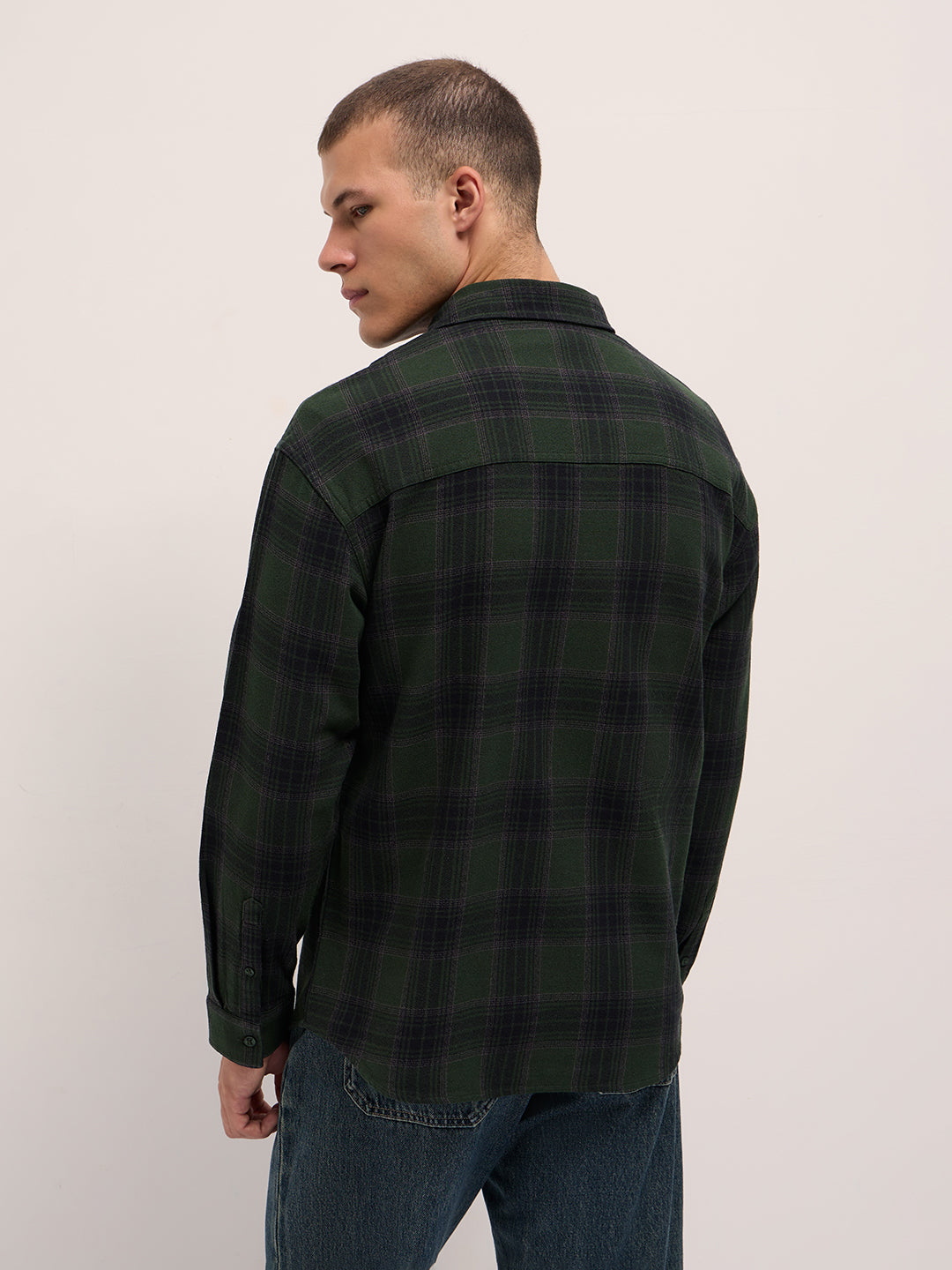 Men Dark Green Woven Checked Design Relaxed Fit Overshirt