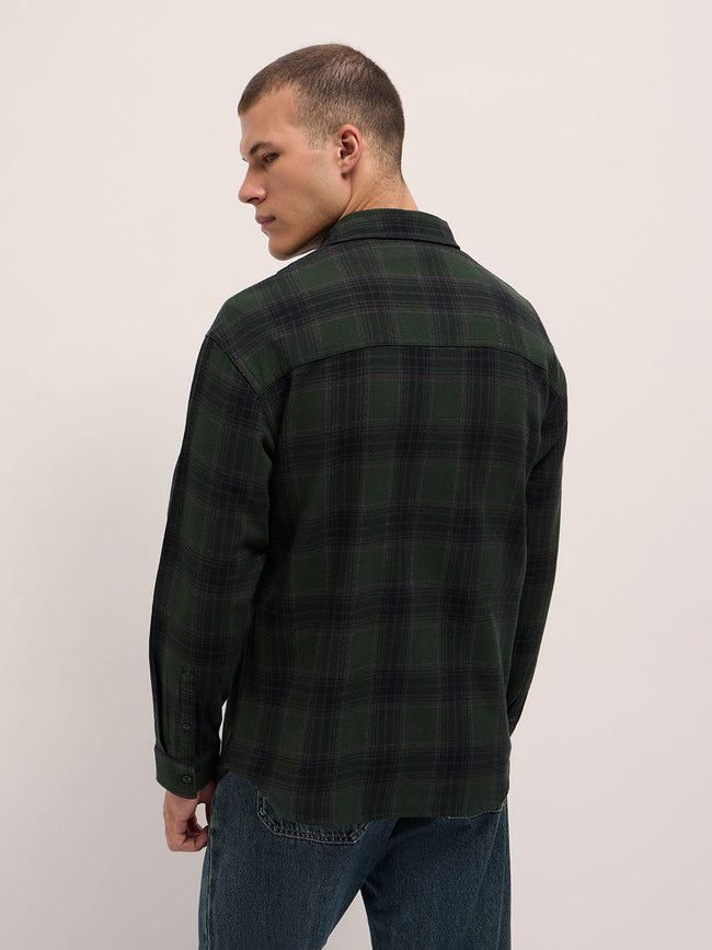 Men Dark Green Woven Checked Design Relaxed Fit Overshirt