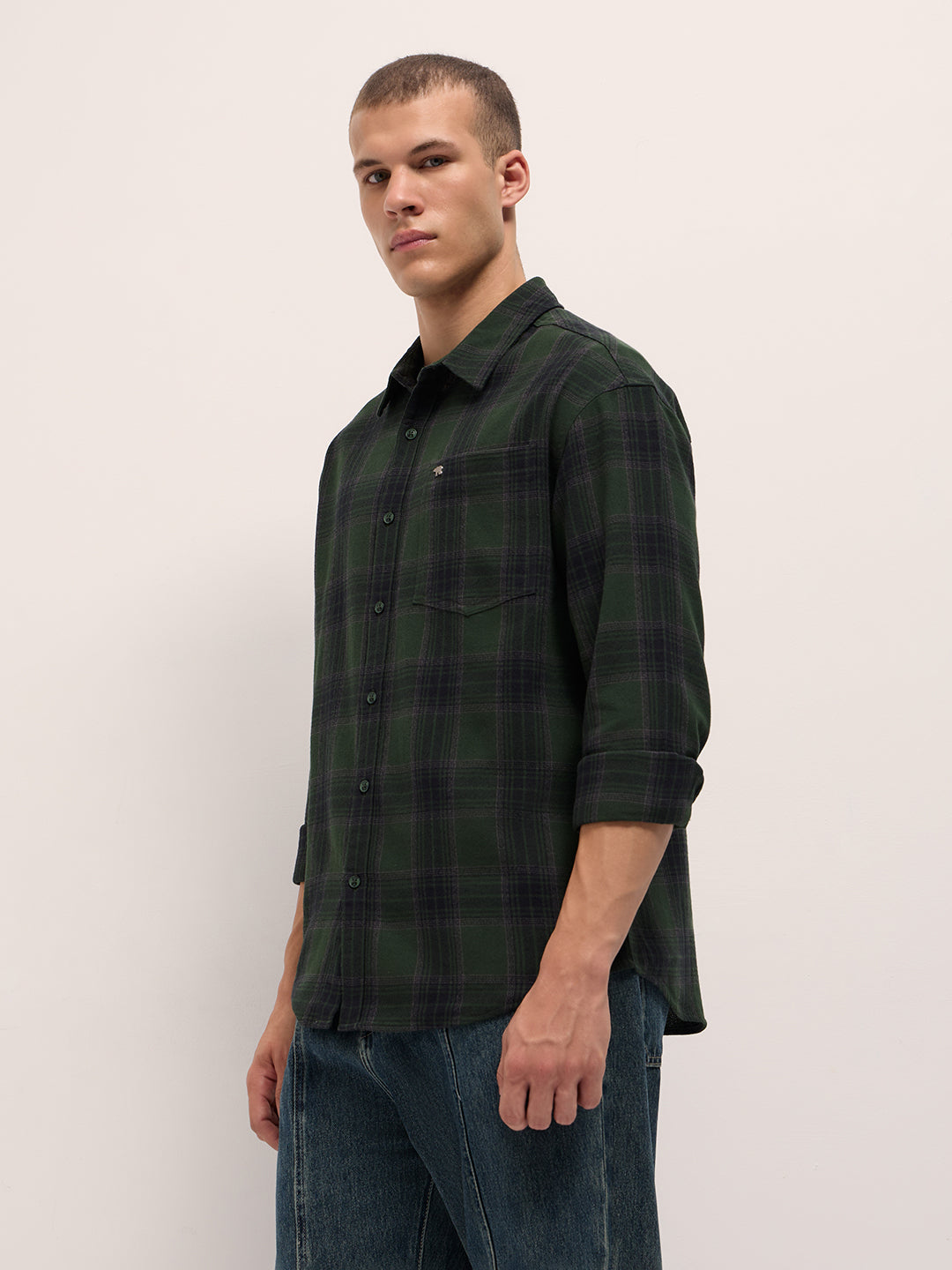 Men Dark Green Woven Checked Design Relaxed Fit Overshirt