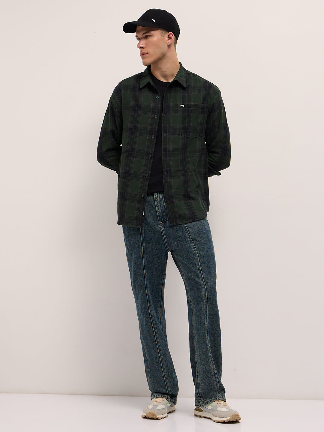 Men Dark Green Woven Checked Design Relaxed Fit Overshirt