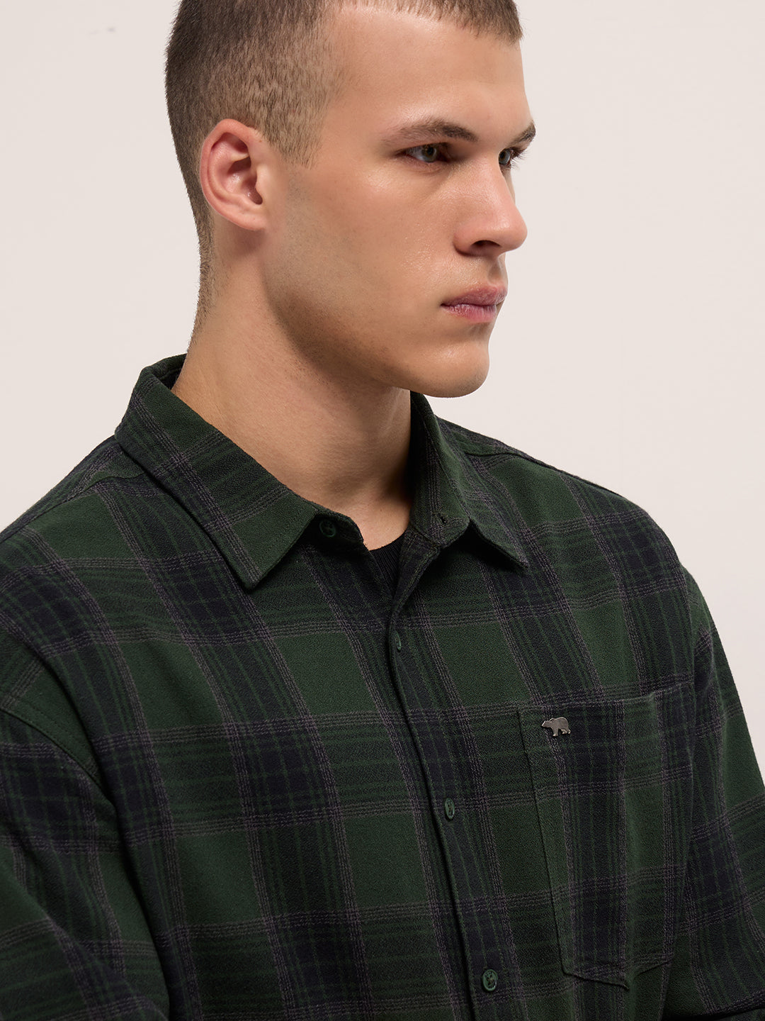Men Dark Green Woven Checked Design Relaxed Fit Overshirt