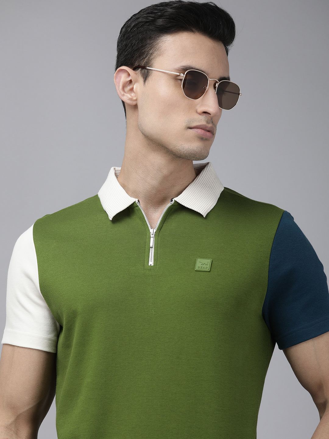 Men Ardor Edition Green Contrast Sleeve Slim Fit Knitted Polo Collar T-shirt