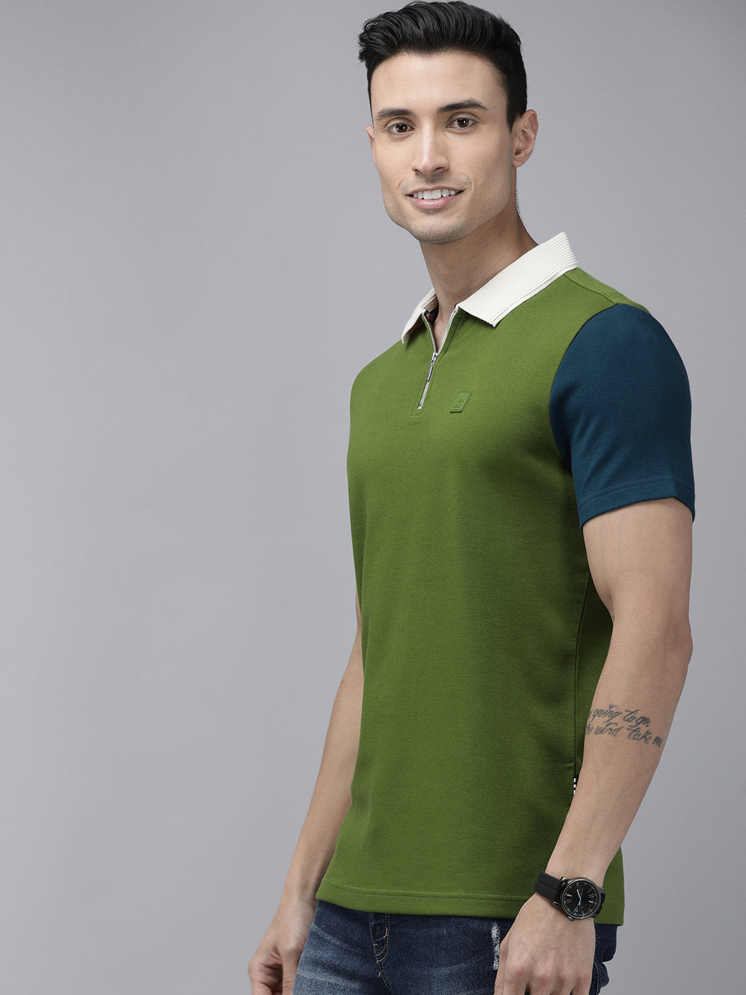 Men Ardor Edition Green Contrast Sleeve Slim Fit Knitted Polo Collar T-shirt