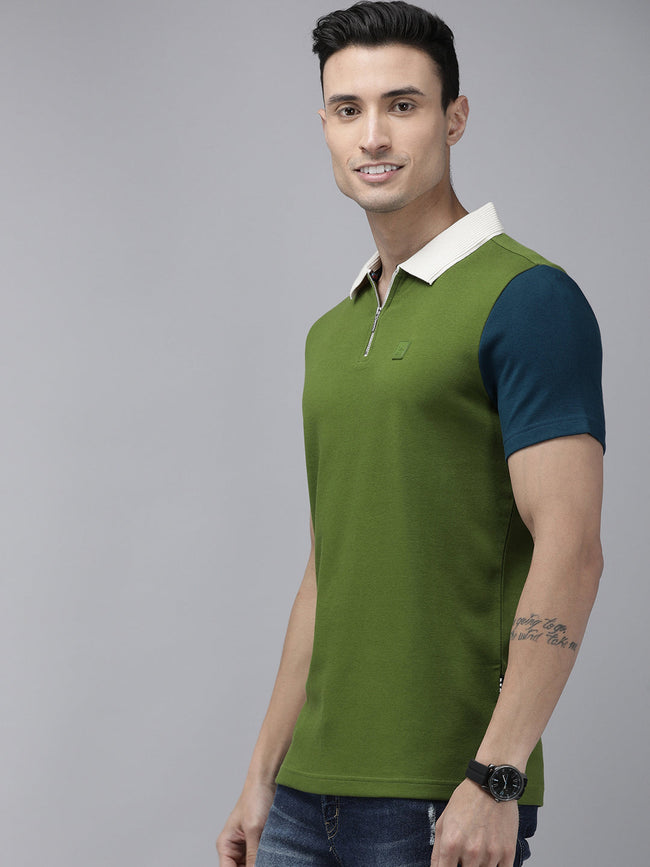 Men Ardor Edition Green Contrast Sleeve Slim Fit Knitted Polo Collar T-shirt