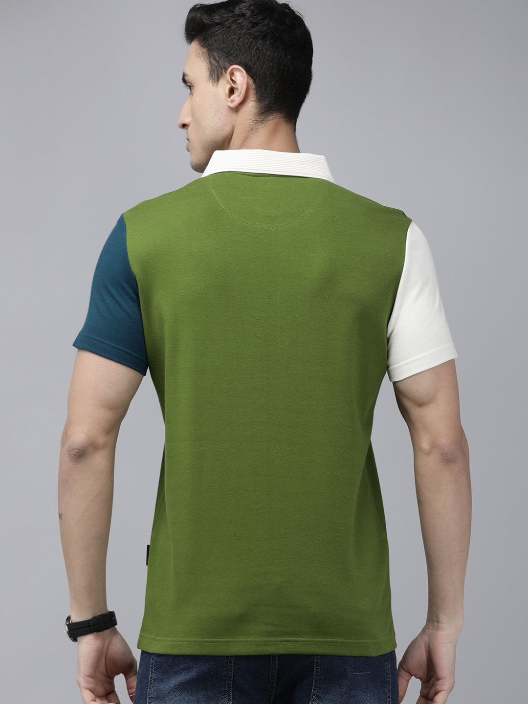 Men Ardor Edition Green Contrast Sleeve Slim Fit Knitted Polo Collar T-shirt