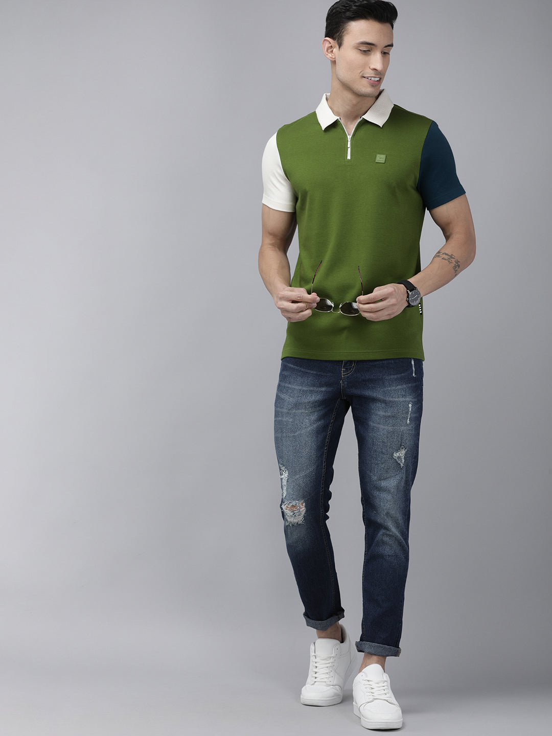 Men Ardor Edition Green Contrast Sleeve Slim Fit Knitted Polo Collar T-shirt