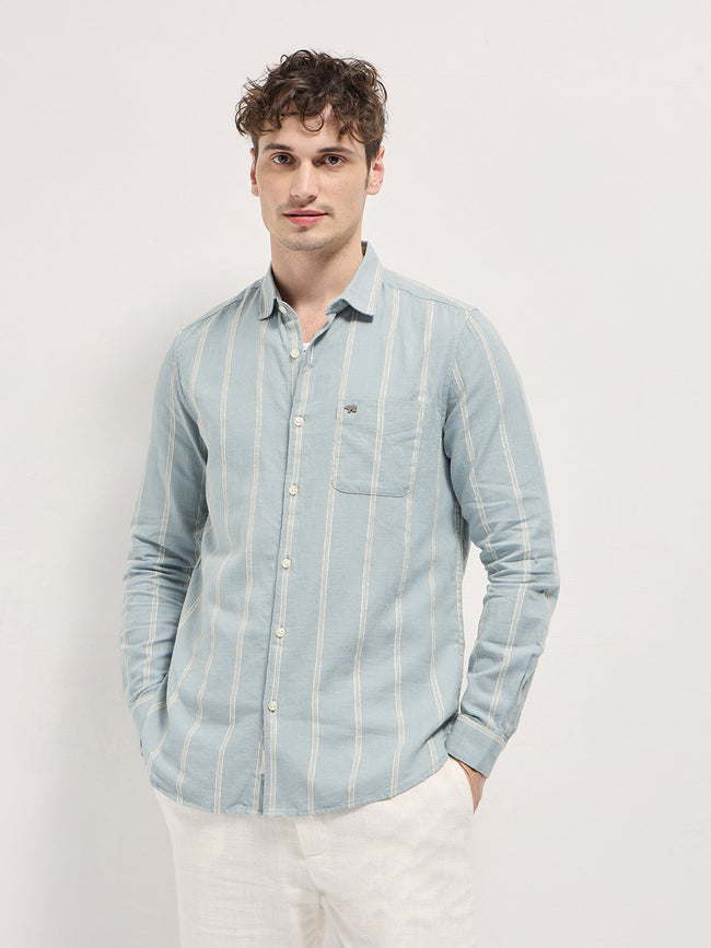 Men Light Green Vertical Stripes Slim Fit Casual Shirt