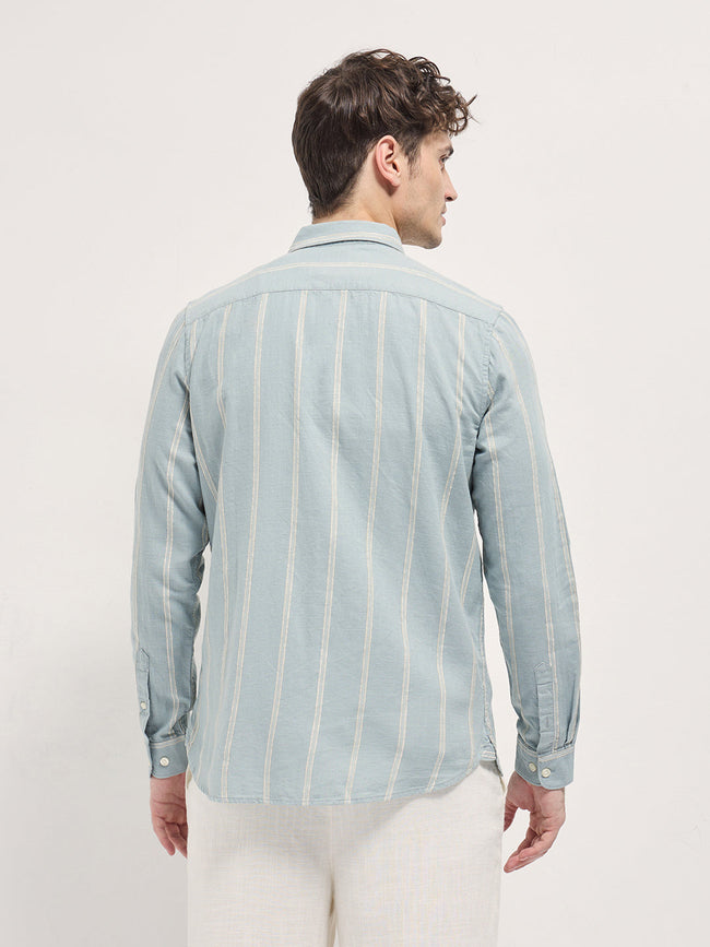 Men Light Green Vertical Stripes Slim Fit Casual Shirt