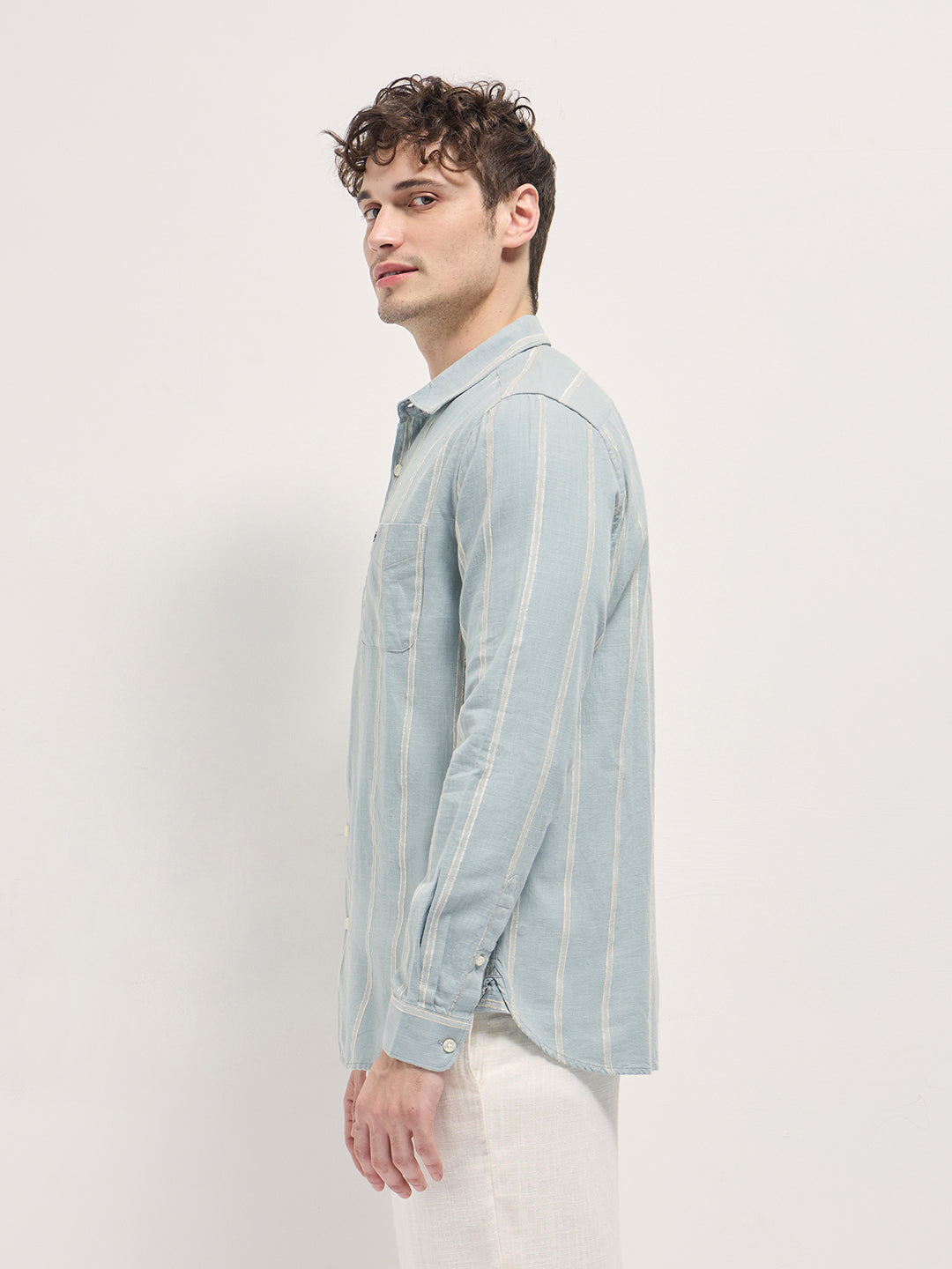 Men Light Green Vertical Stripes Slim Fit Casual Shirt