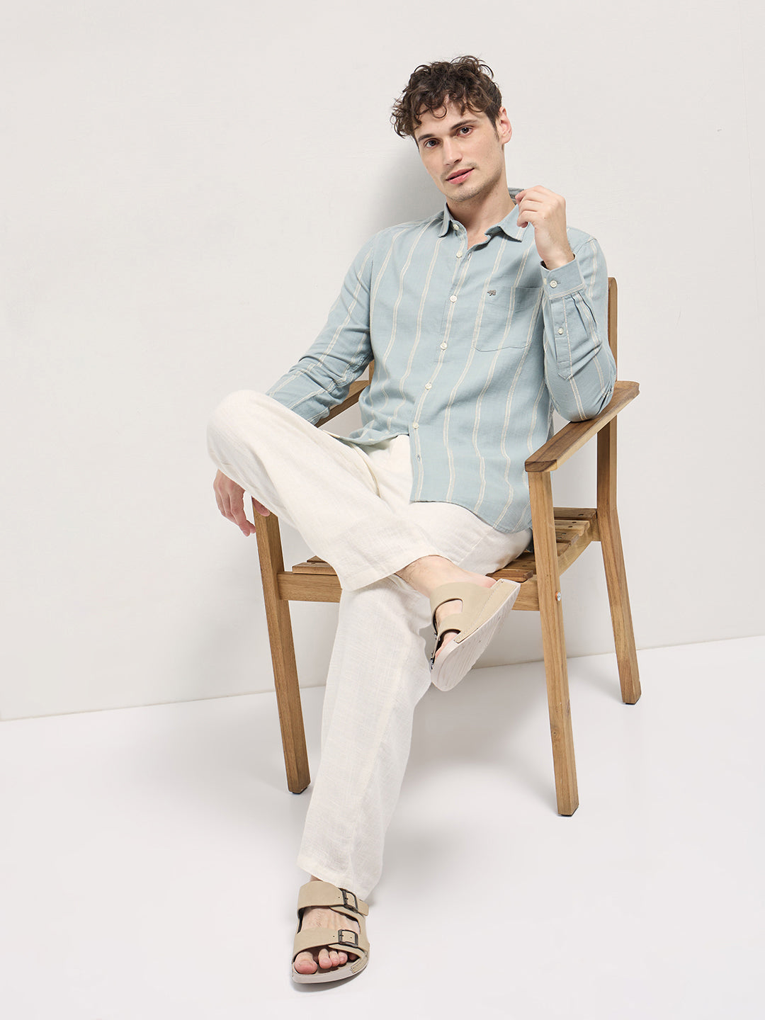 Men Light Green Vertical Stripes Slim Fit Casual Shirt