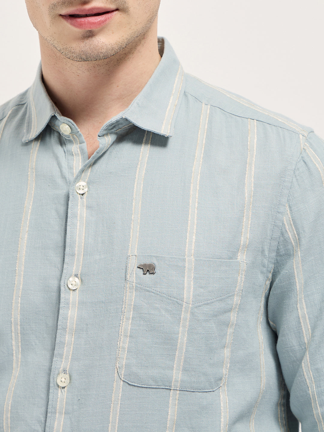 Men Light Green Vertical Stripes Slim Fit Casual Shirt