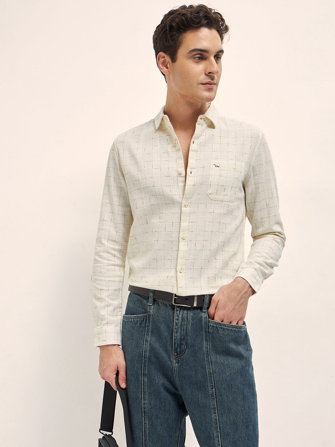 Men Cream Woven Checked Design Slim Fit Casual Shirt